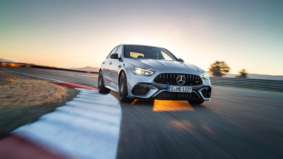 The 2024 Mercedes AMG C63 E Performance on the track.