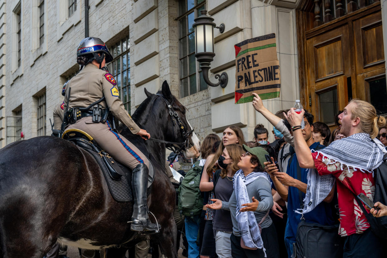 Mounted police work to contain demonstrators protesting the war in Gaza at the University of Texas at Austin on April 24, 2024 in Austin, Texas. 