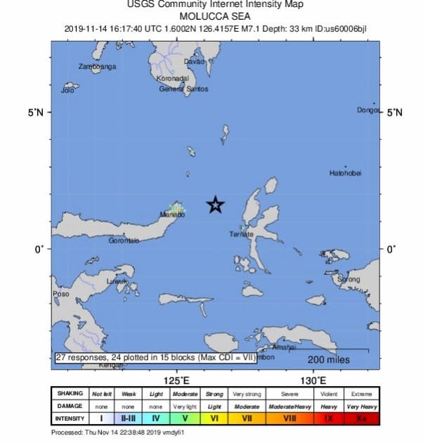 印尼摩鹿加群島(Moluccas islands)14日發生規模7.1地震(圖： USGS)