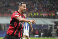 AC Milan's Zlatan Ibrahimovic gestures during the Champions League group B soccer match between AC Milan and Porto at the San Siro stadium in Milan, Italy, Wednesday, Nov. 3, 2021. (AP Photo/Luca Bruno)