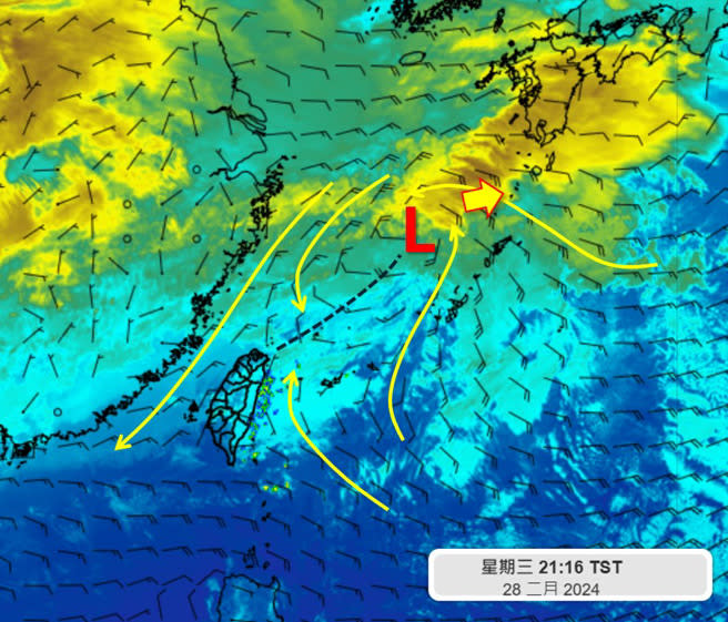 台灣位於鋒面後方，今晚到周五（3／1）降雨會最明顯，北部、東半部、中部以及南部山區有短暫陣雨。周六（3／2）水氣減少，降雨範圍縮小。(翻攝自吳聖宇FB)