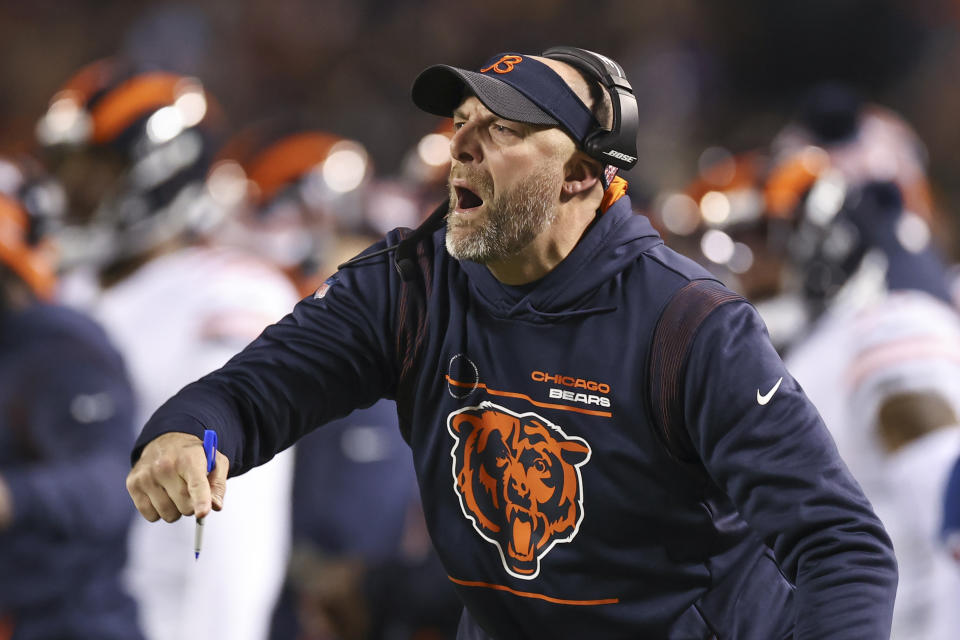 FILE - Chicago Bears head coach Matt Nagy argues a call against his team during the first half of an NFL football game against the Minnesota Vikings, Monday, Dec. 20, 2021, in Chicago. The Chicago Bears decided to make sweeping changes and fired general manager Ryan Pace and coach Matt Nagy on Monday, Jan. 10, 2022, hoping new leadership in the front office and on the sideline will lift a struggling franchise. (AP Photo/Kamil Krzaczynski, File)