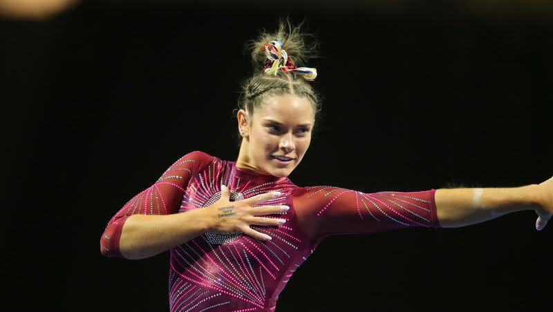 Oklahoma's Jordan Bowers competes on the floor exercise during an NCAA gymnastics meet on Friday, Jan. 5, 2024 in Las Vegas.