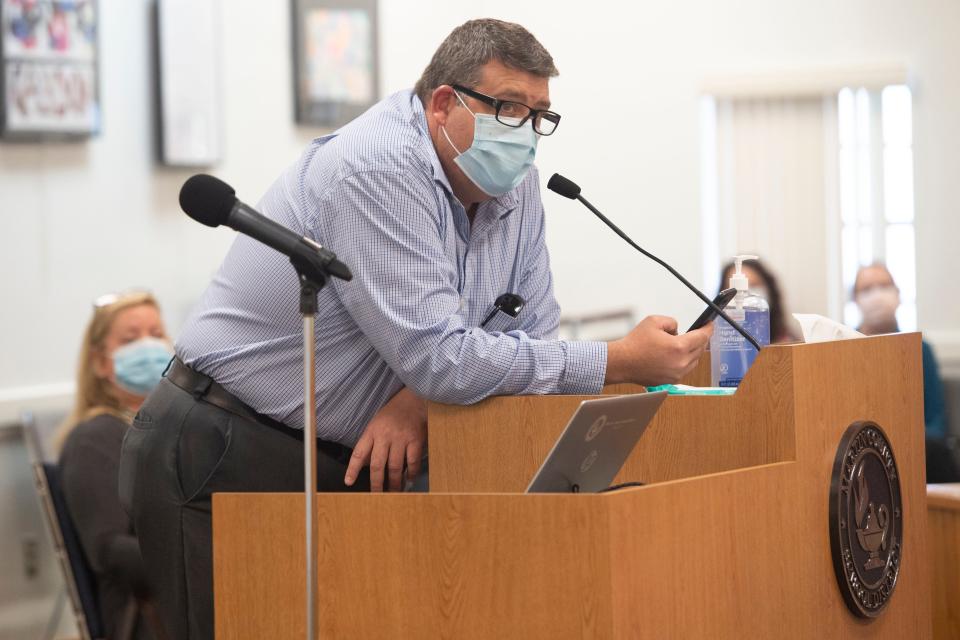 Robert Griggs of Jensen Beach, Fla., speaks up for his transgender son during a Martin County School Board discussion regarding a proposal to slate October as LGBTQ+ History Month on Oct. 6, 2020.