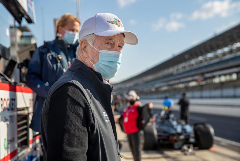 Roger Penske watches from the Paretta Autosport pit as the team participates in open testing Thursday, April 8, 2021, at Indianapolis Motor Speedway.