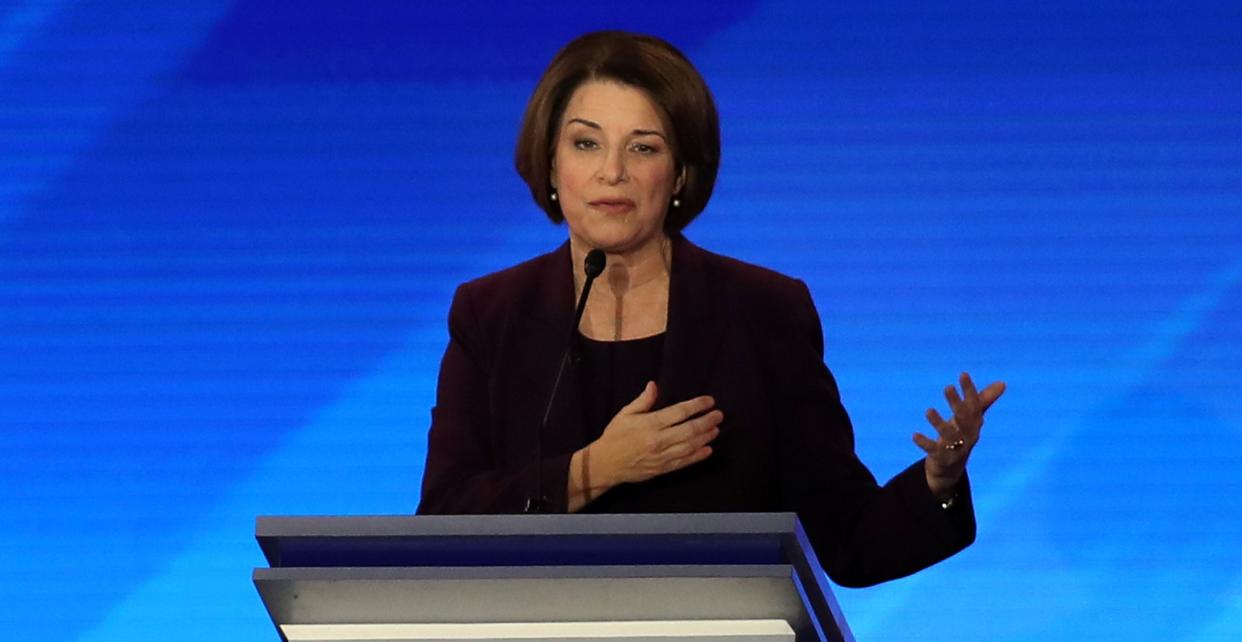 Sen. Amy Klobuchar (D-Minn.) participates in the Democratic presidential primary debate in the Sullivan Arena at St. Anselm College on Feb. 7 in Manchester, New Hampshire. (Photo: Joe Raedle via Getty Images)