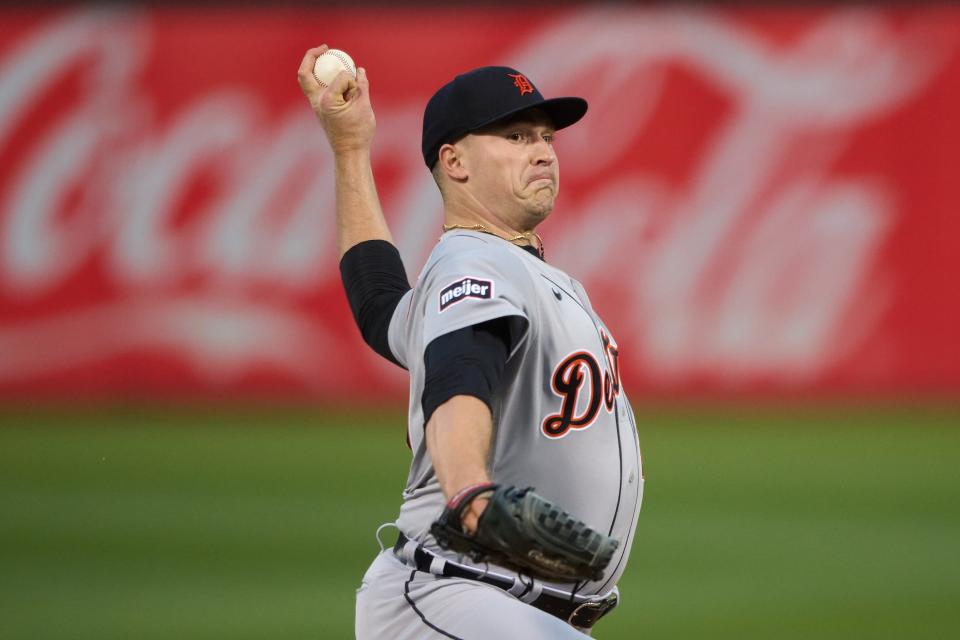 Detroit Tigers starting pitcher Tarik Skubal (29) throws a pitch against the Oakland Athletics during the first inning at Oakland Coliseum in Oakland, California, on Thursday, Sept. 21, 2023.