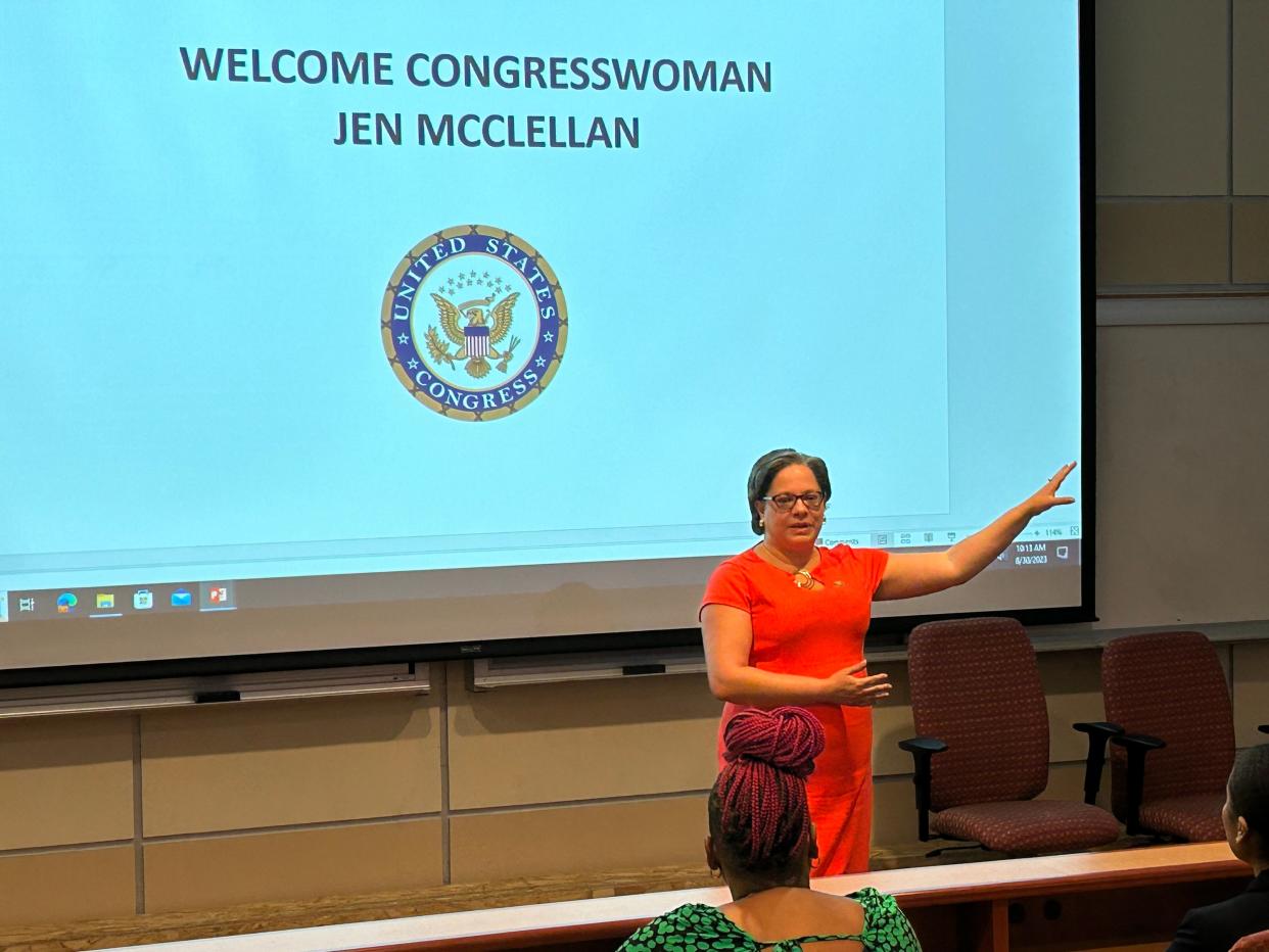 Rep. Jennifer McClellan, D-Virginia, speaks to a class of business students Wednesday, Aug. 30, 2023, at Virginia State University in Ettrick.