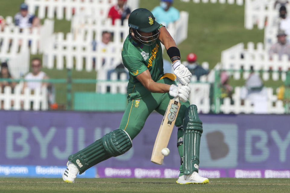 South Africa's Aiden Markram bats during the Cricket Twenty20 World Cup match between South Africa and Australia in Abu Dhabi, UAE, Saturday, Oct. 23, 2021. (AP Photo/Kamran Jebreili)