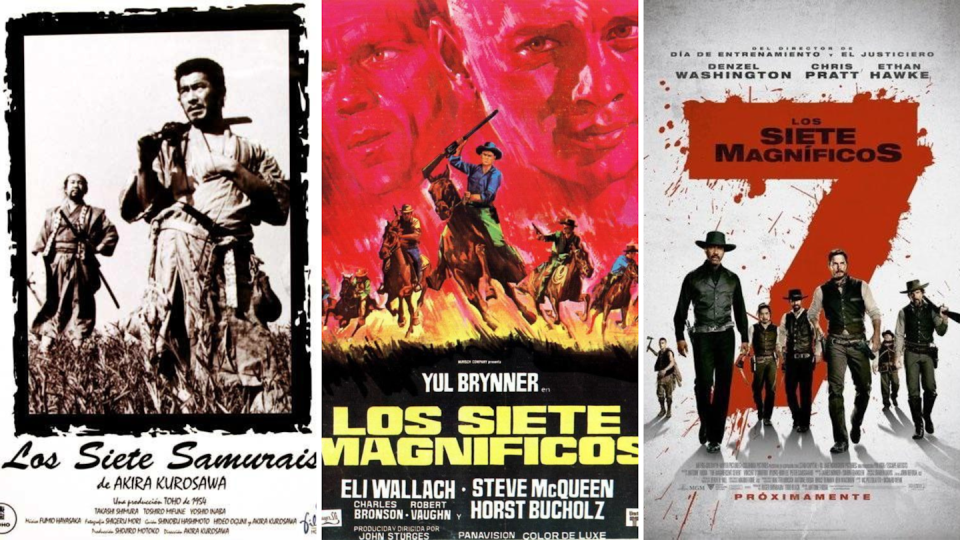 Tres carteles de cine diferentes, de Los siete samuráis y las dos versiones de Los siete magníficos, ilustran los diferentes remakes.