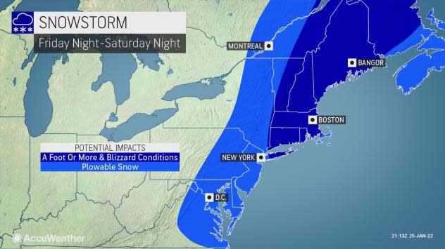 This AccuWeather graphic shows the potential for a foot or more of snow and blizzard conditions for Rhode Island and most of Massachusetts.