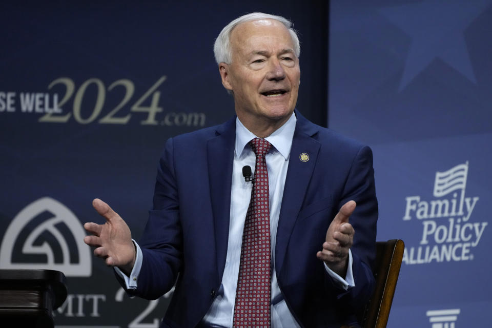 Republican presidential candidate former Arkansas Gov. Asa Hutchinson speaks during the Family Leadership Summit, Friday, July 14, 2023, in Des Moines, Iowa. (AP Photo/Charlie Neibergall)