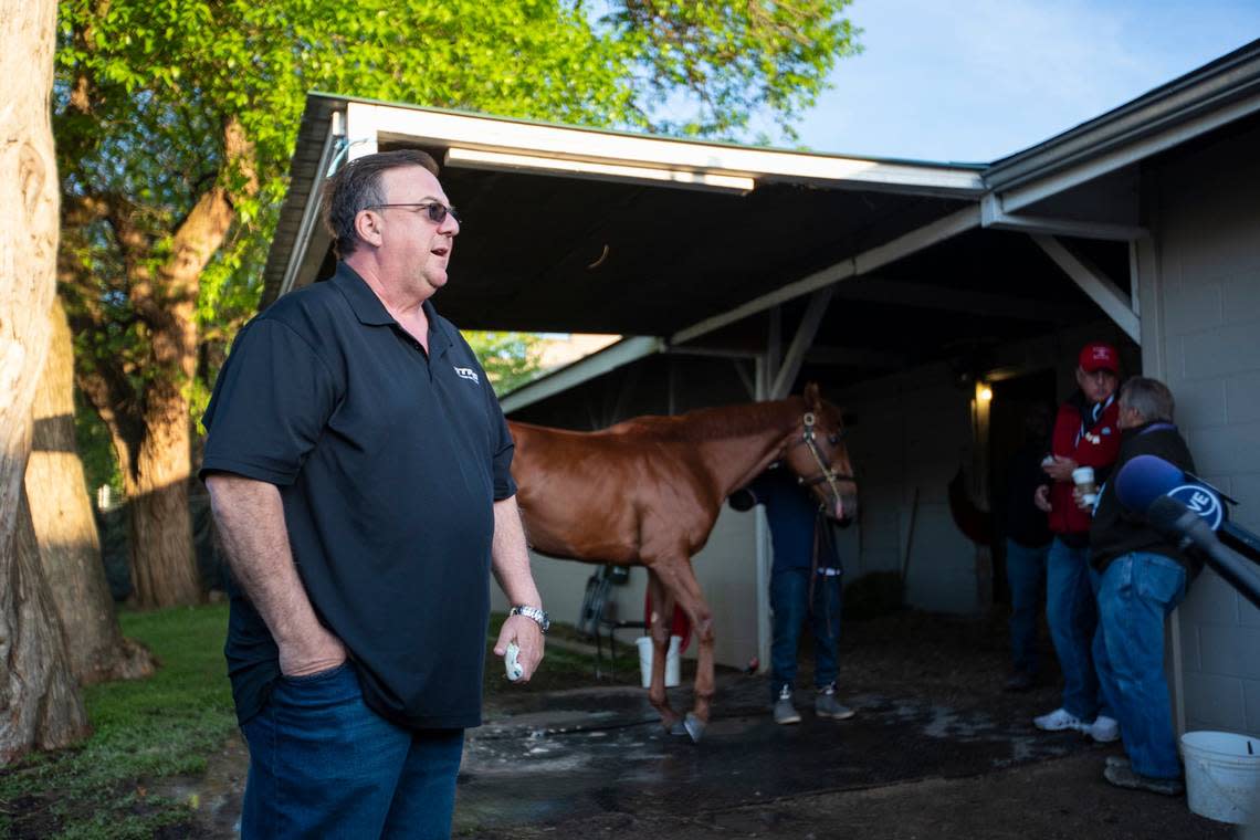 Eric Reed, the trainer of long-shot 2022 Kentucky Derby winner Rich Strike, spoke with reporters at Churchill Downs the day after the Run for the Roses.