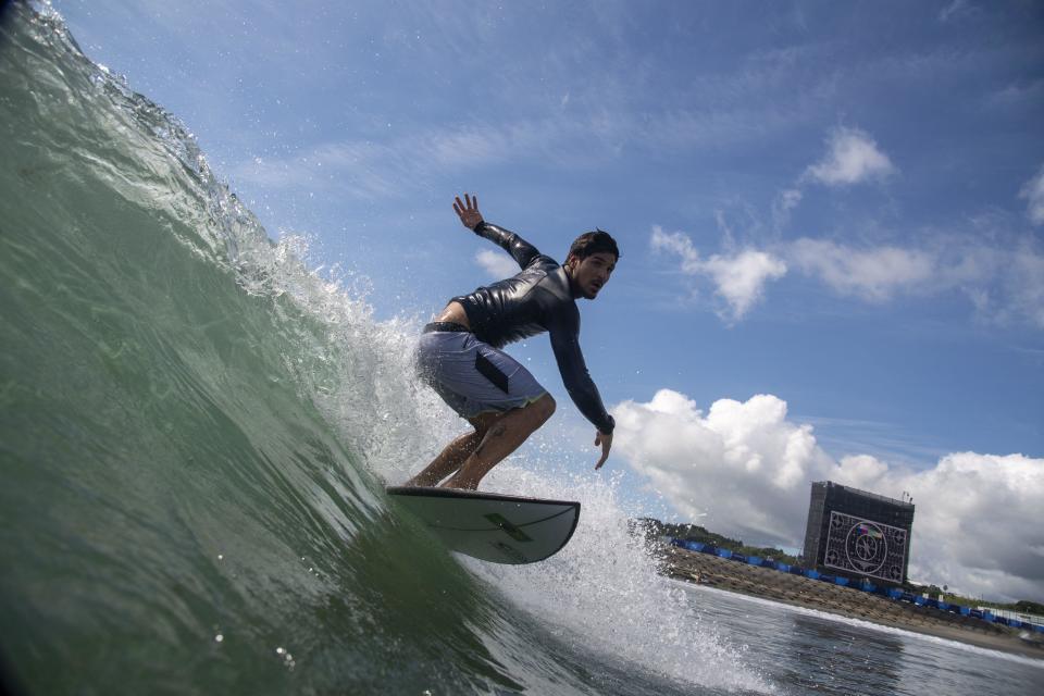 TOPSHOT - Brazil's Gabriel Medina rides a wave during a free training at the Tsurigasaki Surfing Beach, in Chiba, on July 23, 2021 during the Tokyo 2020 Olympic Games. / Credit: OLIVIER MORIN/POOL/AFP via Getty Images