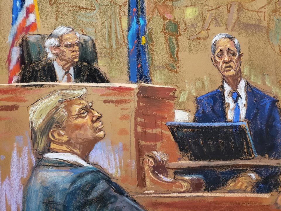 Donald Trump listens, with Judge Arthur Engoron presiding, as New York University accounting professor Eli Bartov is questioned during the Trump civil fraud trial in New York in 2023. 