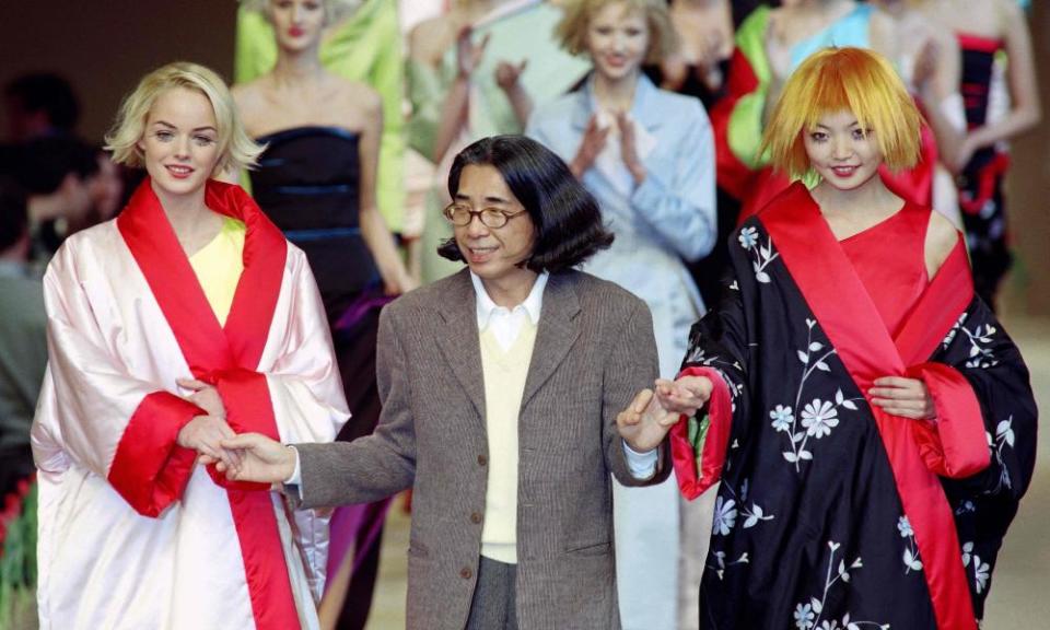 Kenzo Takada, with models in Paris in 1996, presenting his ready-to-wear collection.