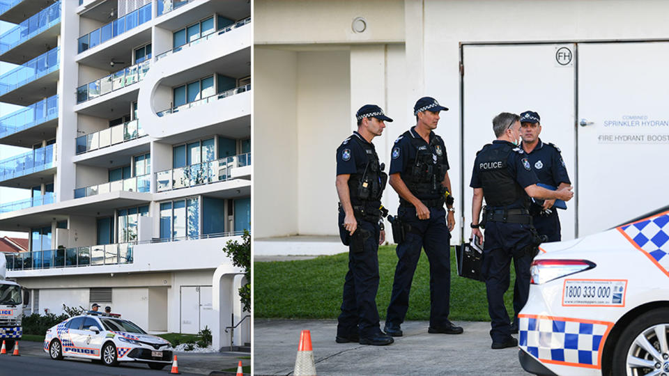 Police officers outside a Gold Coast apartment block after a suspected murder-suicide.