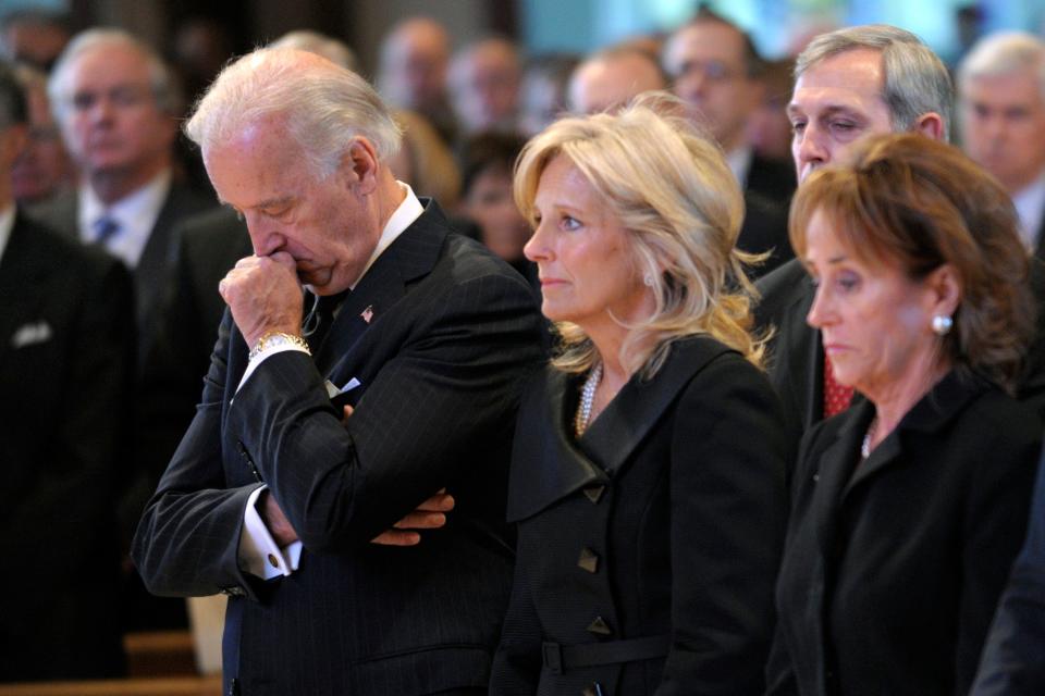 Vice President Joe Biden, his wife, Jill, and his sister Valerie Biden Owens attend the funeral Mass for the Bidens' mother, Jean, on Jan. 12, 2010, at the Immaculate Heart of Mary Catholic Church in Wilmington, Del.