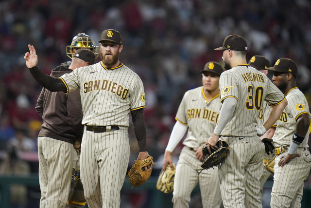 ANAHEIM, CA - AUGUST 28: San Diego Padres pitcher Ryan Weathers (40)  pitching during a game against the Los Angeles Angels played on August 28,  2021 at Angel Stadium in Anaheim, CA. (