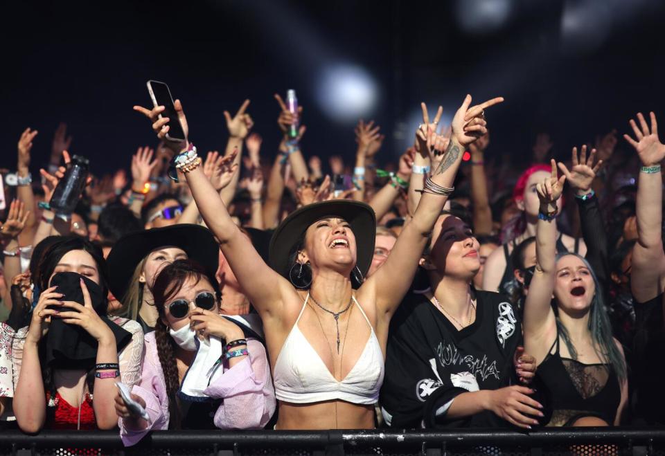 Fans watch a concert at a festival.