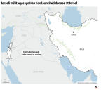 The following map locates Israel and Iran after Iran has fired drones at Israel (AP Graphic)