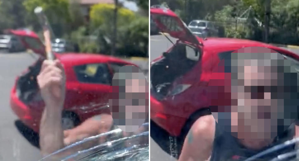 A man is seen smashing a windshield with a hammer at a shopping centre carpark in Flemington, Melbourne. 