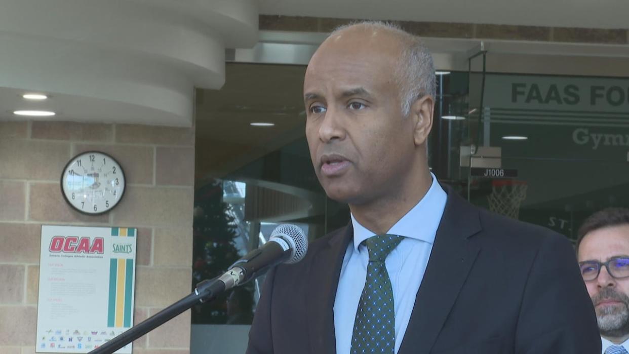 International Development Minister Ahmed Hussen spoke in Windsor, Ont., on Wednesday, Dec. 20, 2023. (Dalson Chen/CBC - image credit)