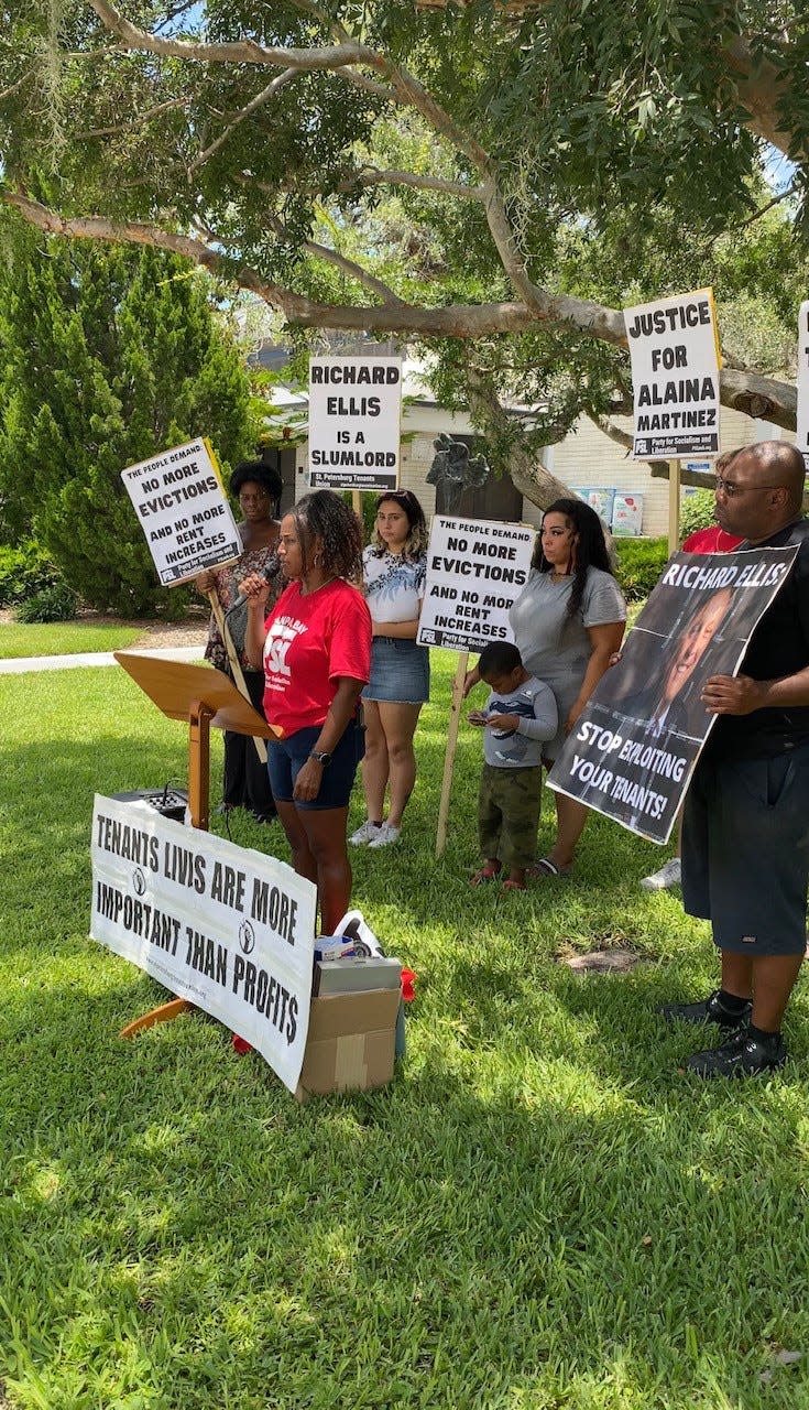 A representative from the Manasota and Tampa Bay Tenants Association speaks during a press conference held to publicize  Alaina Martinez's complaint against the city of Sarasota Code Enforcement department and Martinez's landlord, a city special magistrate.