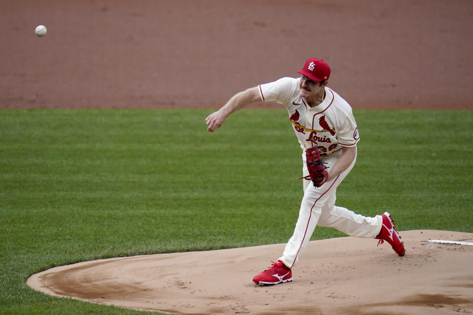 St. Louis Cardinals starting pitcher Miles Mikolas throws during the first inning of a baseball game against the Chicago Cubs Saturday, May 22, 2021, in St. Louis. (AP Photo/Jeff Roberson)