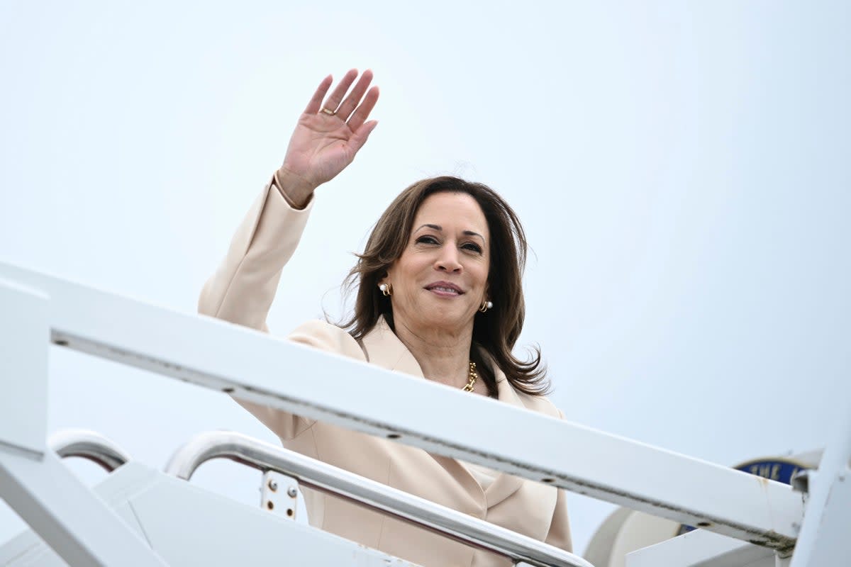 Kamala Harris boards Air Force Two in Maryland to head to a sorority event in Indiana on July 24. A Fox News host is  under fire for a comment made about the trip. (AP)