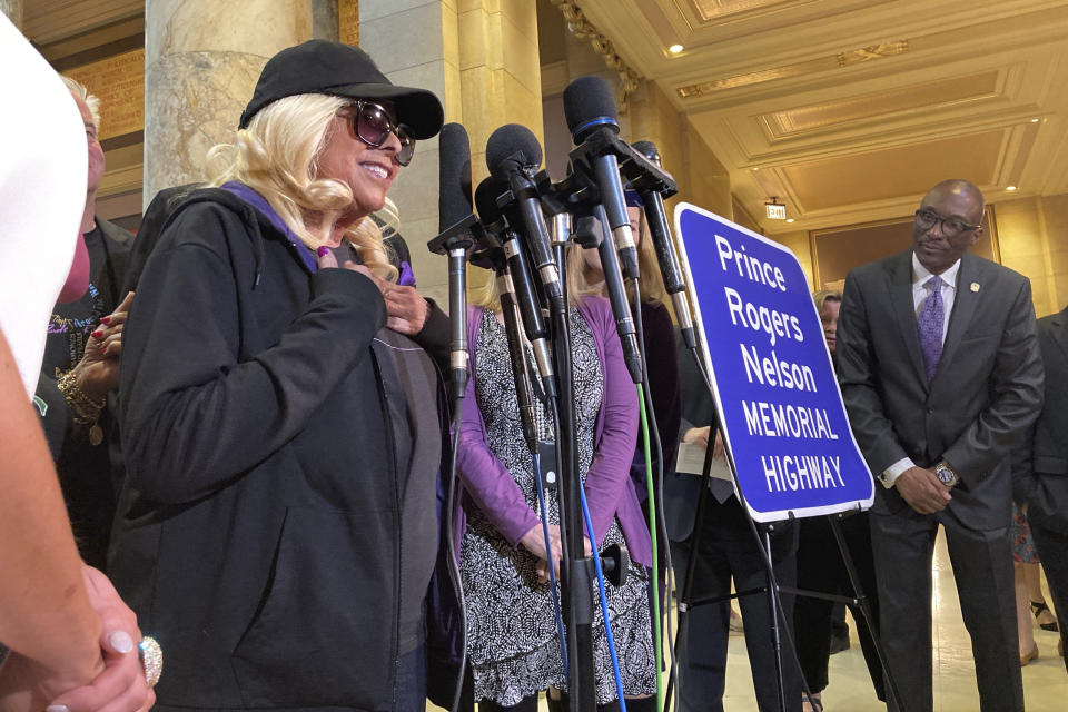 Sharon Nelson, oldest sister of the late pop superstar Prince, speaks to reporters at the Minnesota Capitol, Thursday, May 4, 2023, in St. Paul, Minn. She appeared after the Minnesota Senate voted to honor him by designating the highway that runs past his Paisley Park museum and studios in Chanhassen, Minn., as the Prince Rogers Nelson Memorial Highway. (AP Photo/Steve Karnowski)