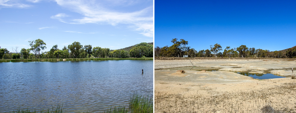 A photo taken in 2017 shows a dam full of water, a photo taken in 2019 shows a dry dam