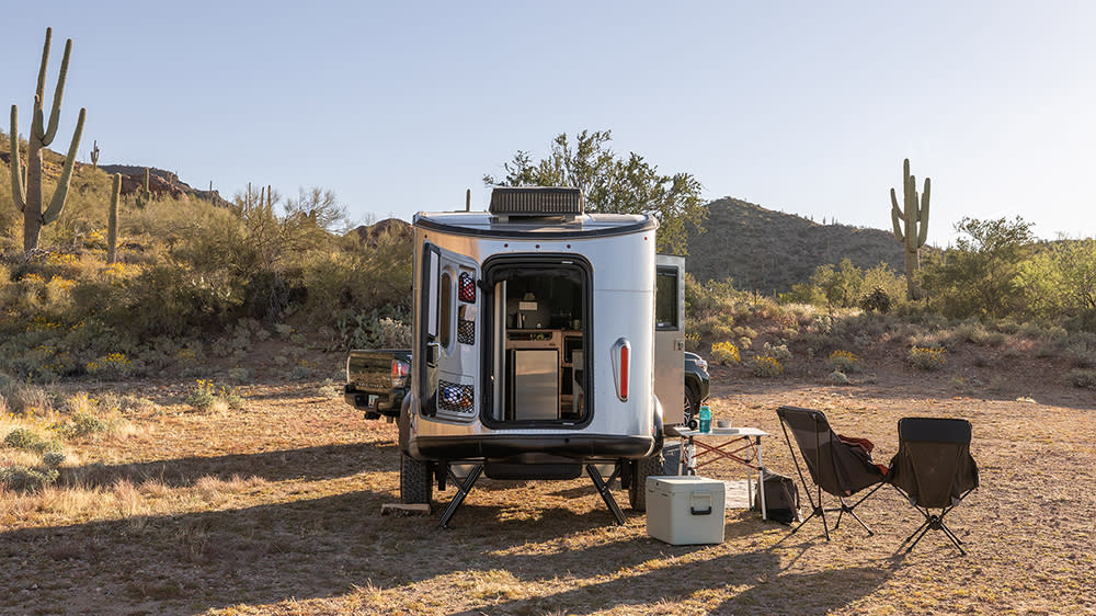 the Airstream REI Co-op Special Edition Basecamp trailer from behind