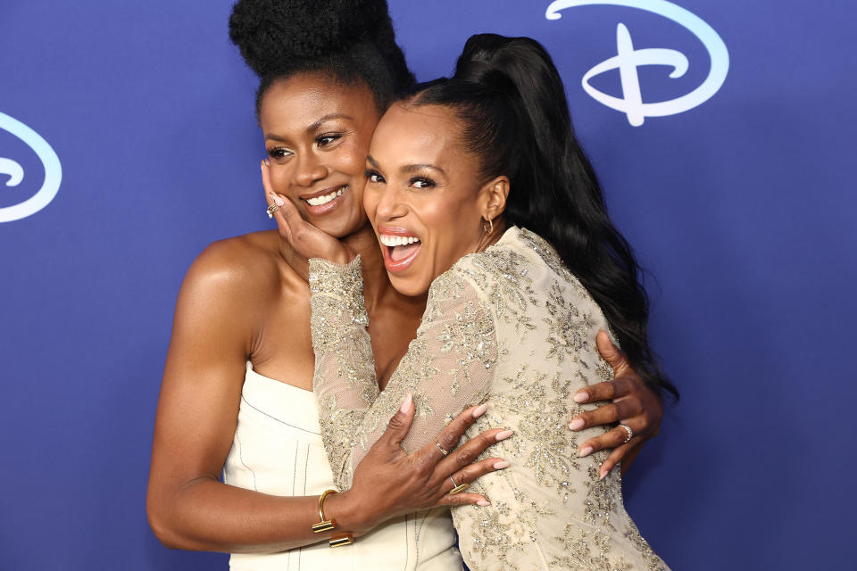 Emayatzy Corinealdi and  Kerry Washington attend the 2022 ABC Disney Upfront (Arturo Holmes / WireImage)