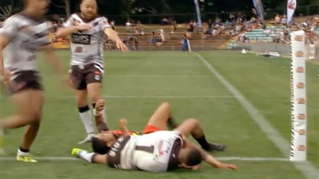 Addo-Carr took a brutal high tackle in the Koori Knockout final. Pic: Fox Sports