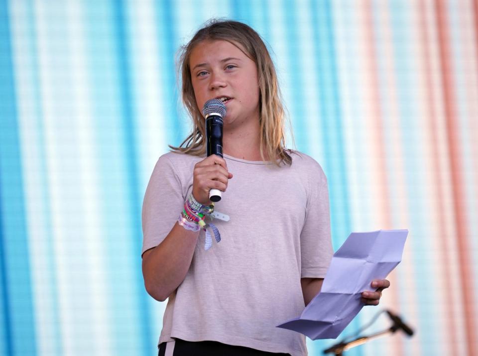 Climate activist Greta Thunberg speaking on the Pyramid Stage during Glastonbury Festival (Yui Mok/PA) (PA Wire)