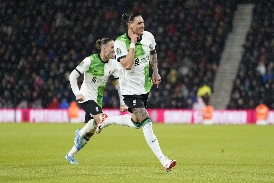 Liverpool's Darwin Nunez celebrates after scoring against Bournemouth during the English League Cup fourth round soccer match at the Vitality Stadium, Bournemouth, England, Wednesday Nov. 1, 2023. (Andrew Matthews/PA via AP)