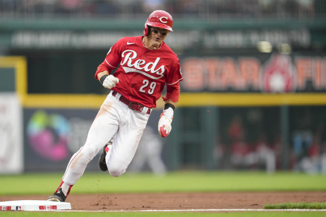 Cincinnati Reds infielder Jonathan India doubles to deep left