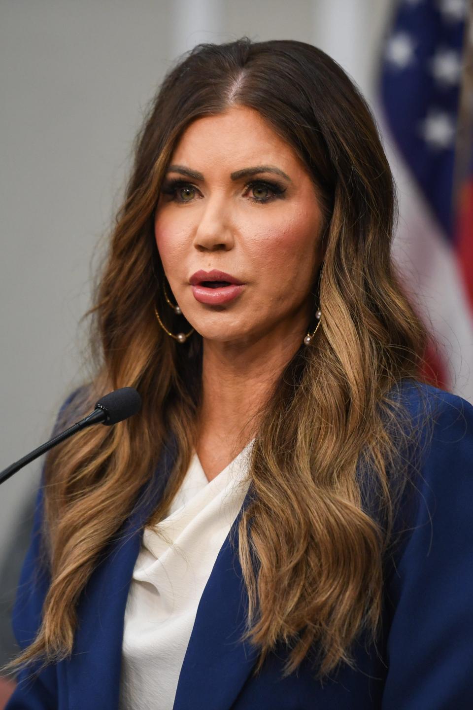 South Dakota Governor Kristi Noem discusses the drug cartel presence in the state’s tribal lands during press conference on Friday, May 17, 2024, at the South Dakota State Capitol in Pierre, South Dakota.