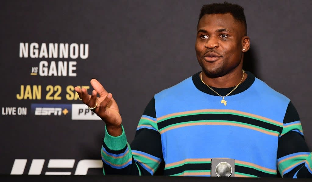 Francis Ngannou speaking in Anaheim ahead of his UFC 270 (AFP)