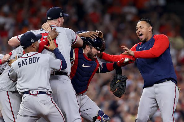 HOUSTON, TEXAS - NOVEMBER 02:  The Atlanta Braves celebrate their 7-0 victory against the Houston Astros in Game Six to win the 2021 World Series at Minute Maid Park on November 02, 2021 in Houston, Texas. (Photo by Elsa/Getty Images)