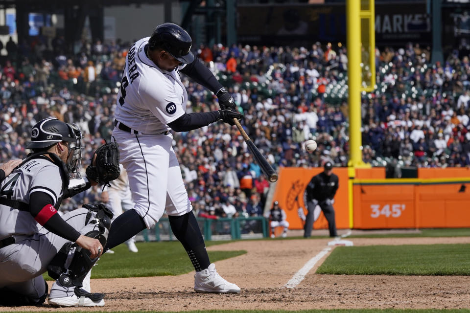 Detroit Tigers' Miguel Cabrera connects for a two-run single during the eighth inning of a baseball game against the Chicago White Sox, Friday, April 8, 2022, in Detroit. (AP Photo/Carlos Osorio)