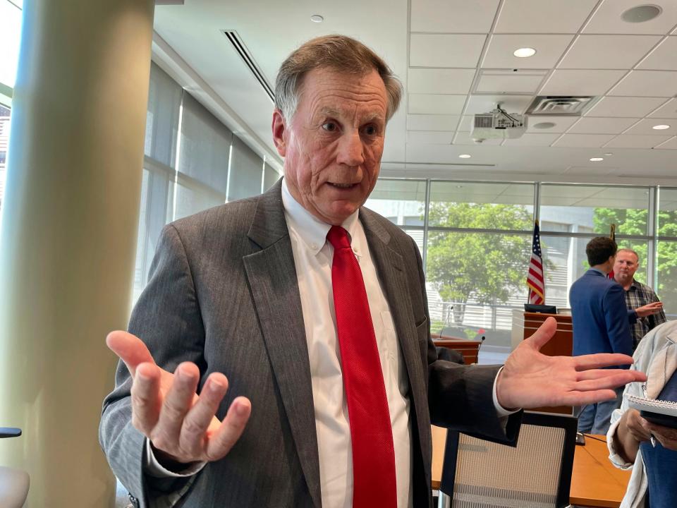 North Carolina Insurance Commissioner Mike Causey talks to reporters about a bill that would let Blue Cross Blue Shield of North Carolina reorganize, Monday, April 24, 2023, at the Albemarle Building in Raleigh.