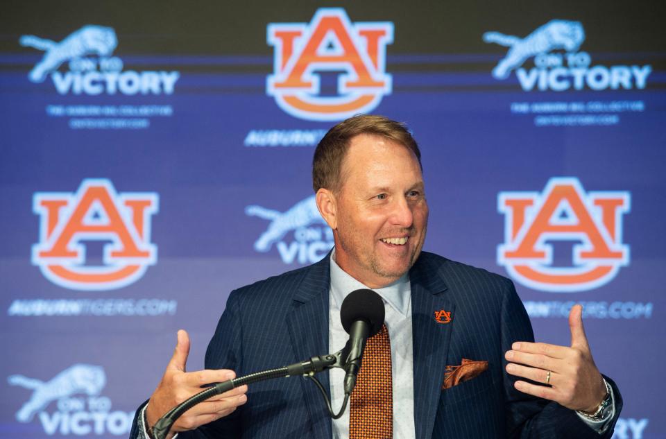 Auburn Tigers football coach Hugh Freeze is introduced at the Woltosz Football Performance Center in Auburn, Ala., on Tuesday, Nov. 29, 2022