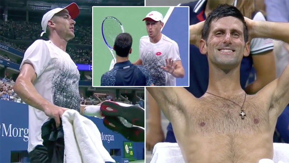 A sweaty wardrobe malfunction brought a bizarre halt to play during the US Open quarterfinal. Pic: ESPN