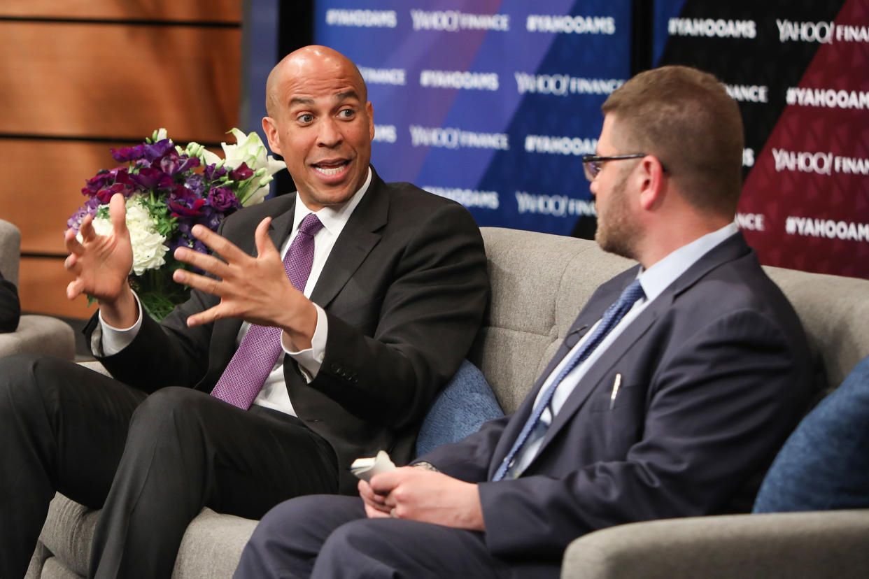 Sen. Corey Booker (D-NJ) speaks with Yahoo News White House Correspondent Hunter Walker (right) during the Yahoo Finance All Markets Summit: America's Financial Future At The Newseum In Washington D.C. on Nov. 13, 2018 in Washington, DC. (Photo: Tasos Katopodis/Getty Images)