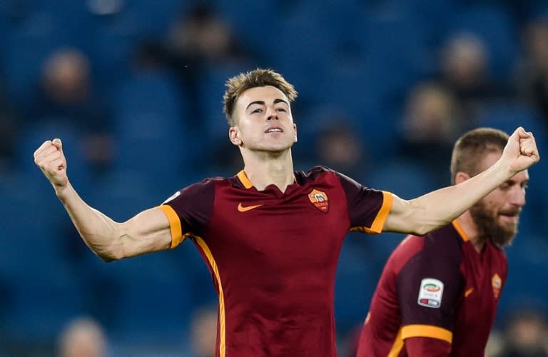 Roma forward Stephan El Shaarawy celebrates after scoring during the Italian Serie A football match against Frosinone at Rome's Olympic stadium on January 30, 2016