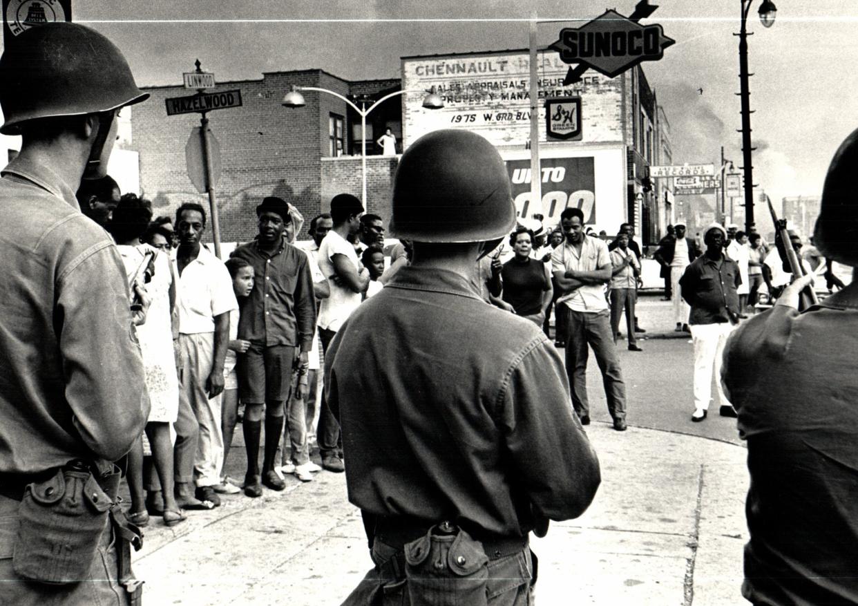 Troops on Linwood Avenue on July 30, 1967, after rioting erupted in Detroit.