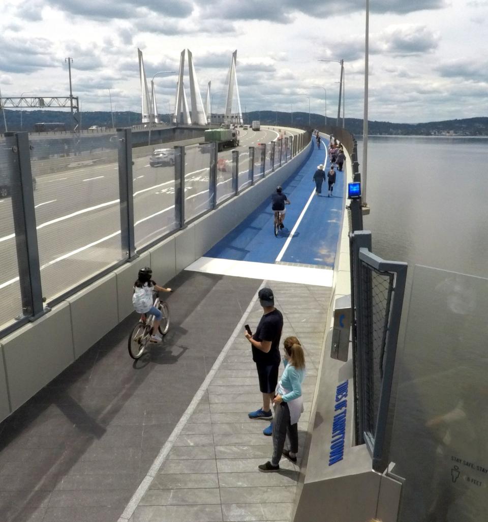 Bikers and walkers on the opening day of the shared use path on the Gov. Mario Cuomo Bridge June 15, 2020.