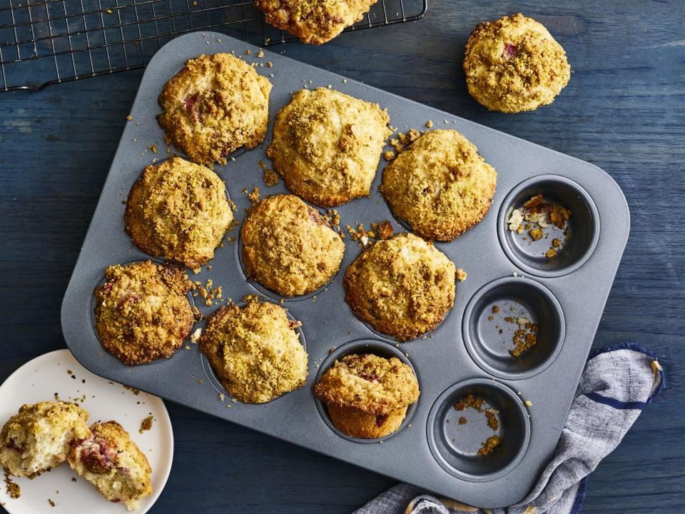 Roasted Strawberry-Rhubarb Muffins with Pistachio Streusel